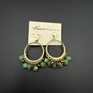 Kenneth Cole New York Earrings Gold Tone Dangle Green Beaded Hoops